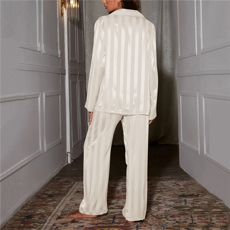 Striped Satin Pajama Set with Button-Up Top and Elastic Waist Pants