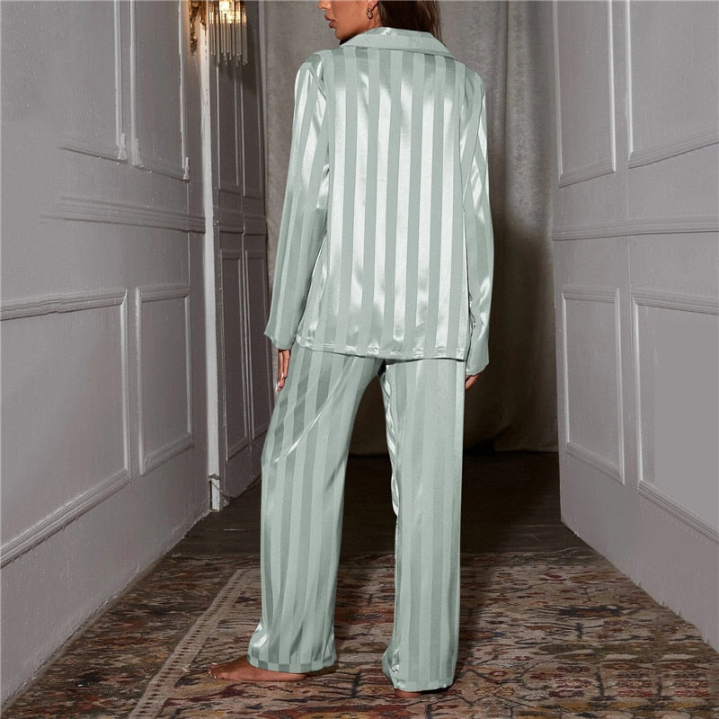Striped Satin Pajama Set with Button-Up Top and Elastic Waist Pants