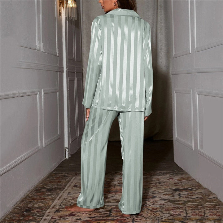 Striped Satin Pajama Set with Button-Up Top and Elastic Waist Pants