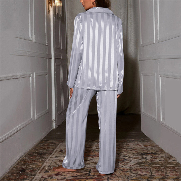 Striped Satin Pajama Set with Button-Up Top and Elastic Waist Pants
