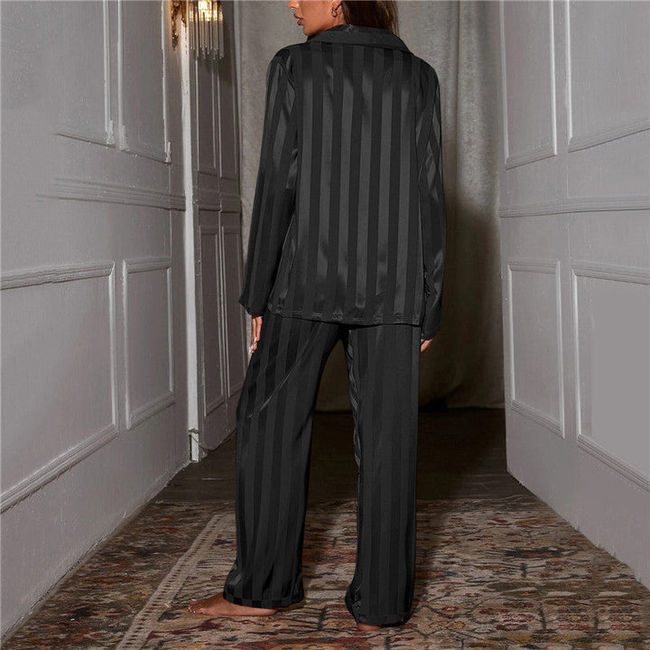 Striped Satin Pajama Set with Button-Up Top and Elastic Waist Pants