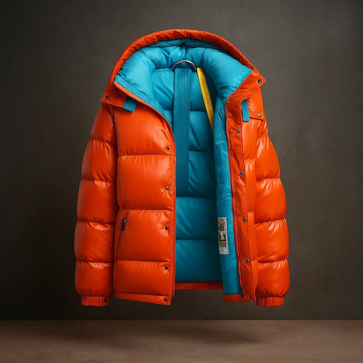 Men's Glossy Blue Hooded Puffer Jacket with Contrast Red Lining