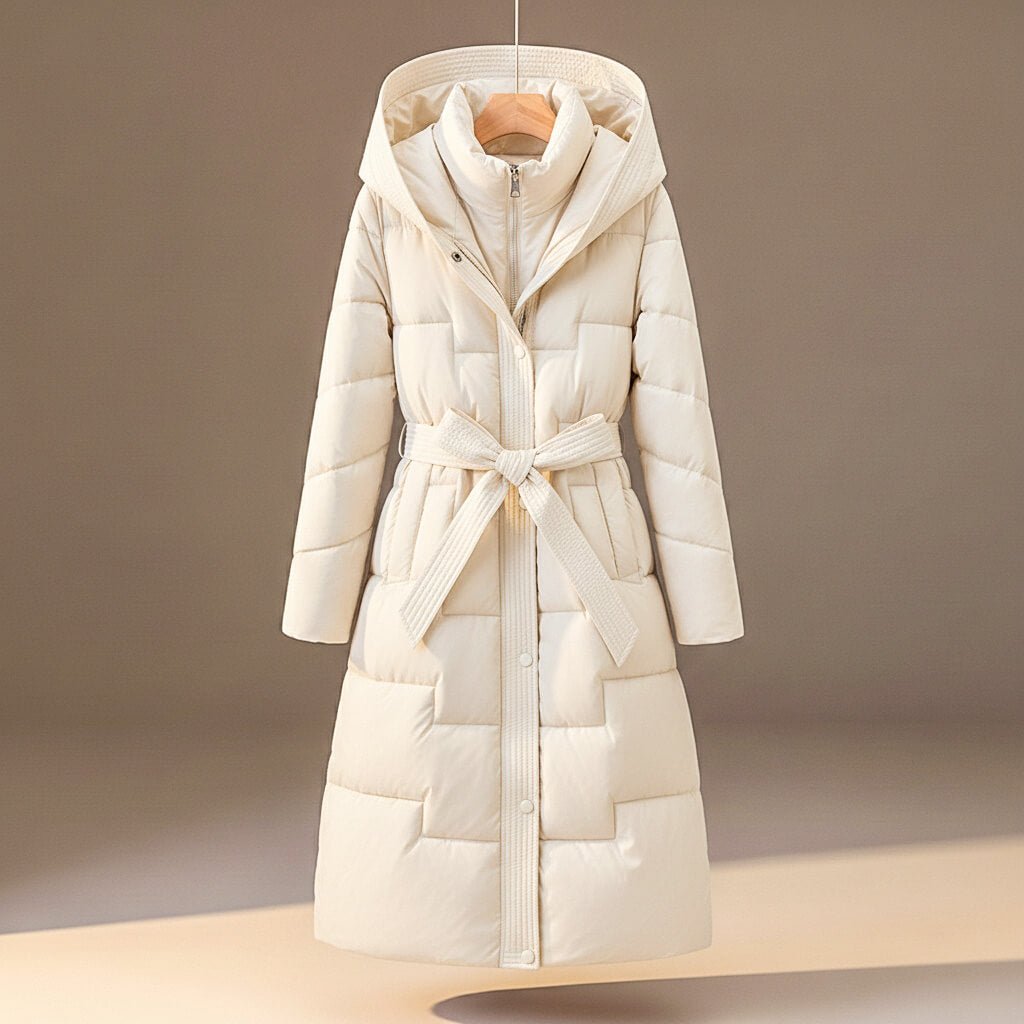 Anastasia Women's Quilted Hooded Long Puffer Coat with Belt