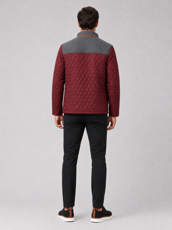 Men's Quilted Colorblock Jacket with Tweed Yoke and Snap-Button Front