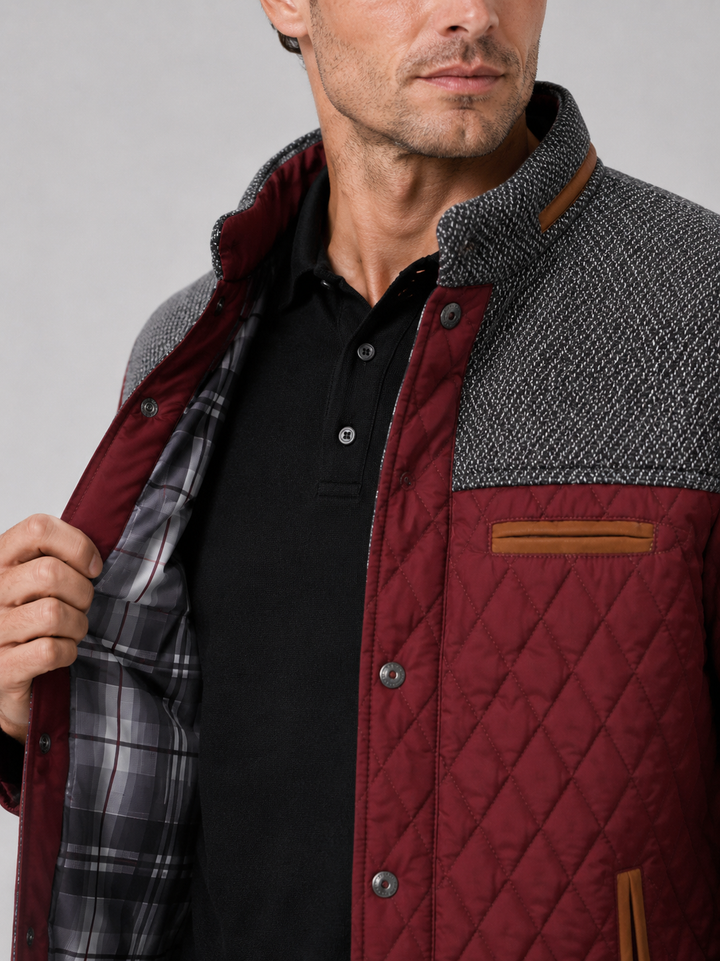 Men's Quilted Colorblock Jacket with Tweed Yoke and Snap-Button Front