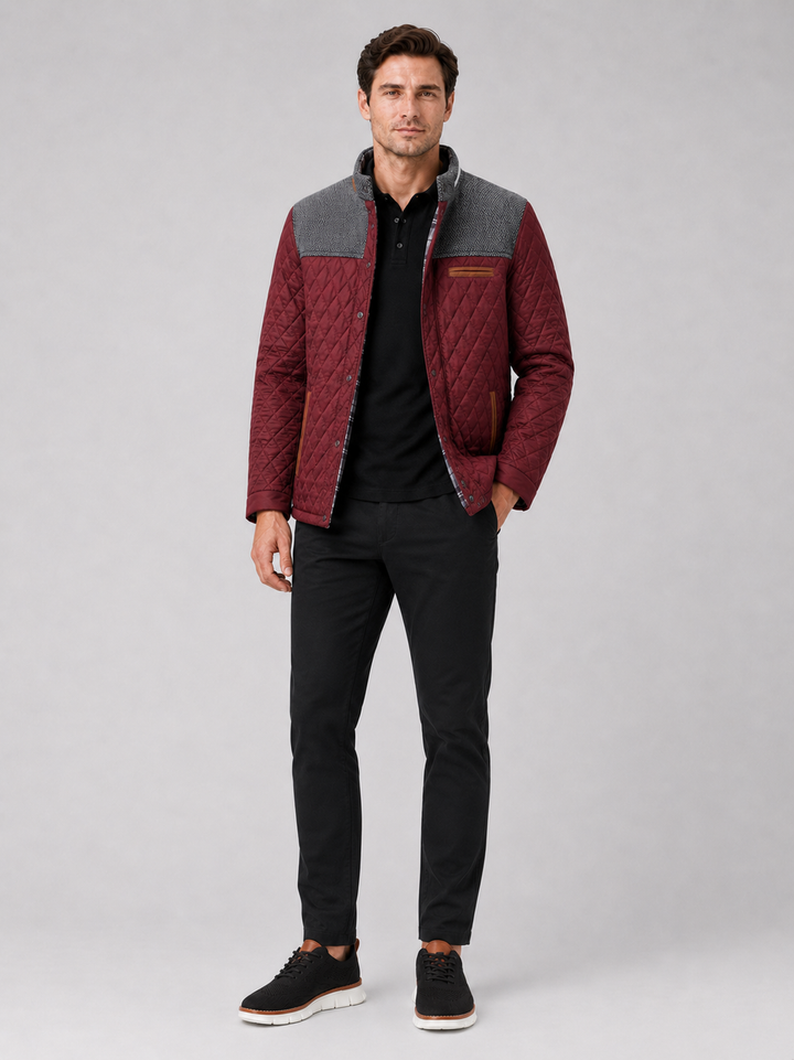 Men's Quilted Colorblock Jacket with Tweed Yoke and Snap-Button Front