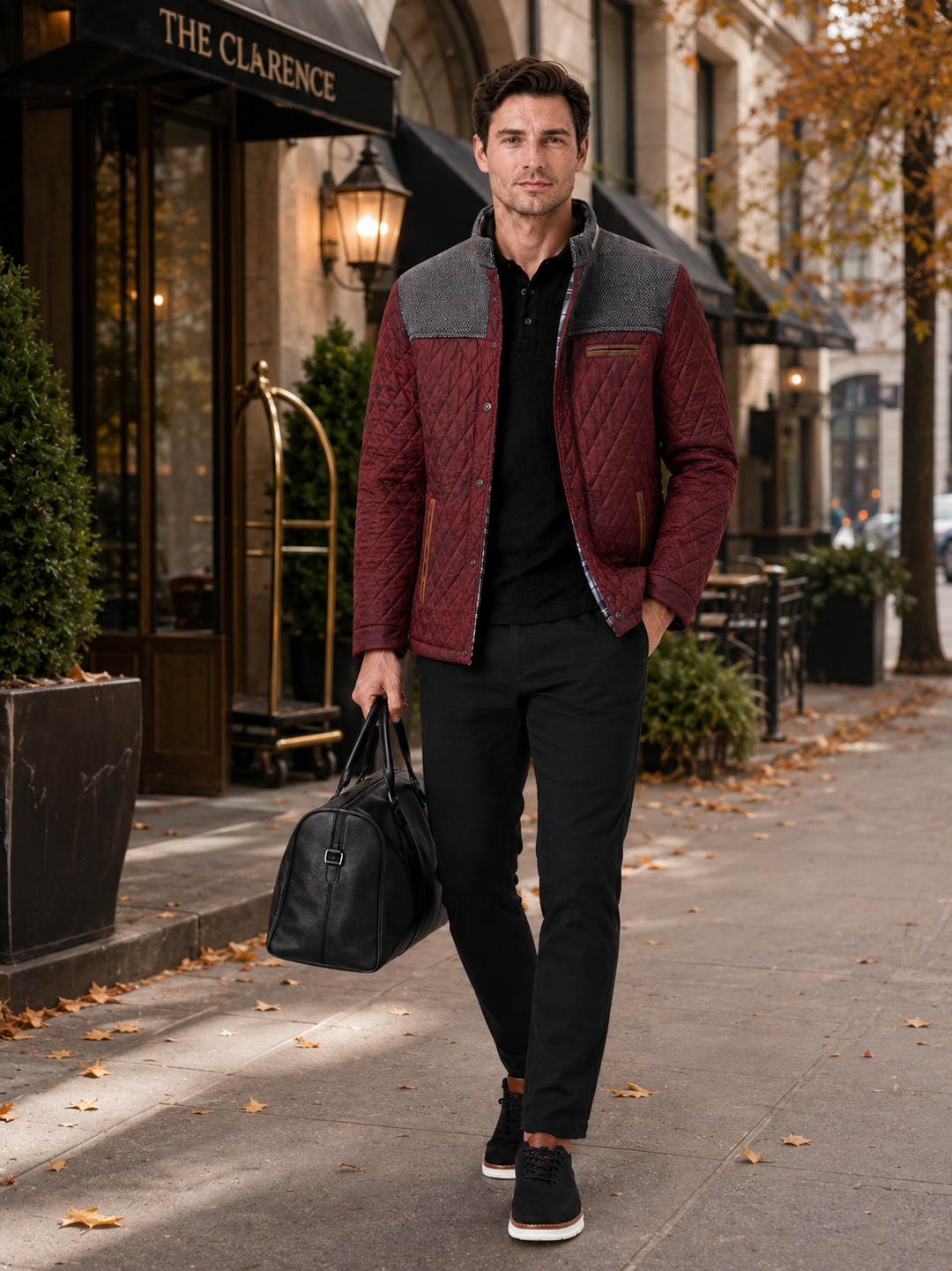 Men's Quilted Colorblock Jacket with Tweed Yoke and Snap-Button Front