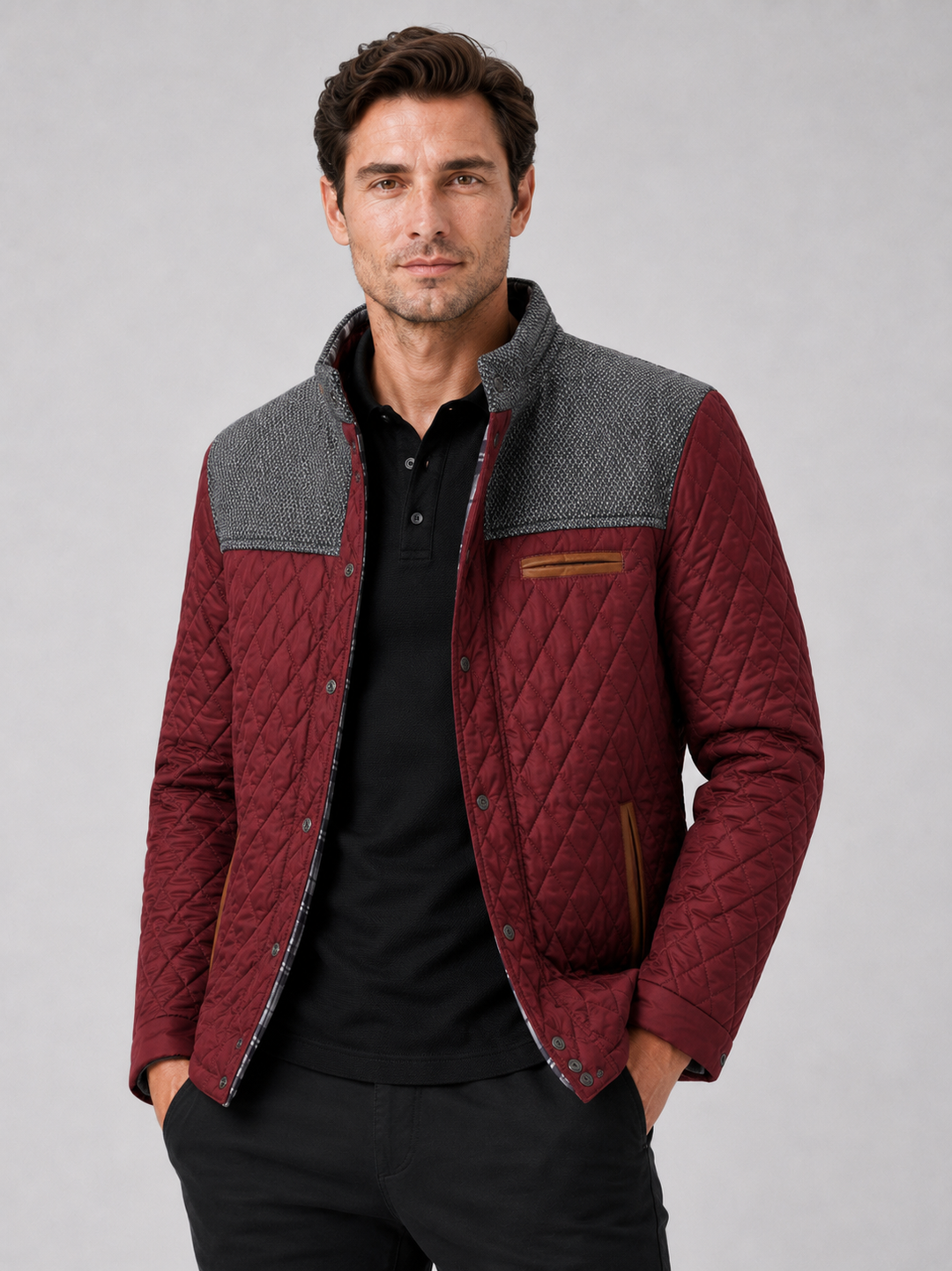 Men's Quilted Colorblock Jacket with Tweed Yoke and Snap-Button Front