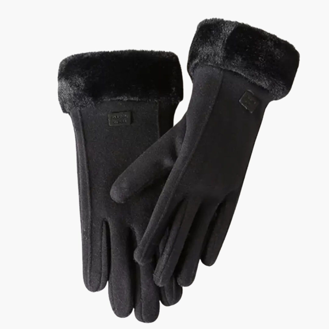 Women's Winter Gloves with Faux Fur Cuff Trim and Fleece Lining in Black