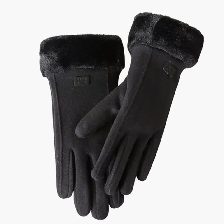 Women's Winter Gloves with Faux Fur Cuff Trim and Fleece Lining in Black