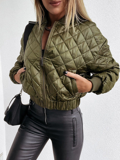 Women's Diamond Quilted Bomber Jacket with Ribbed Cuffs and Full Zip
