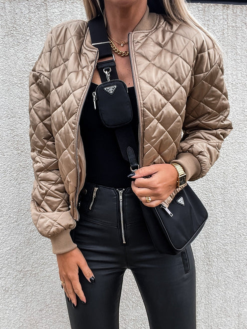Women's Diamond Quilted Bomber Jacket with Ribbed Cuffs and Full Zip