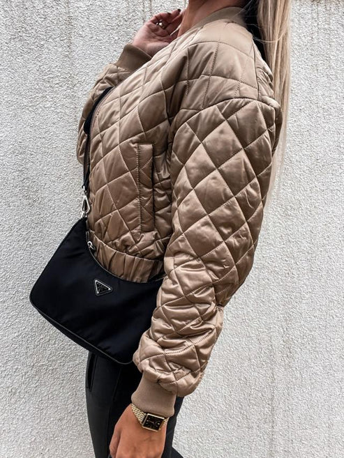 Women's Diamond Quilted Bomber Jacket with Ribbed Cuffs and Full Zip