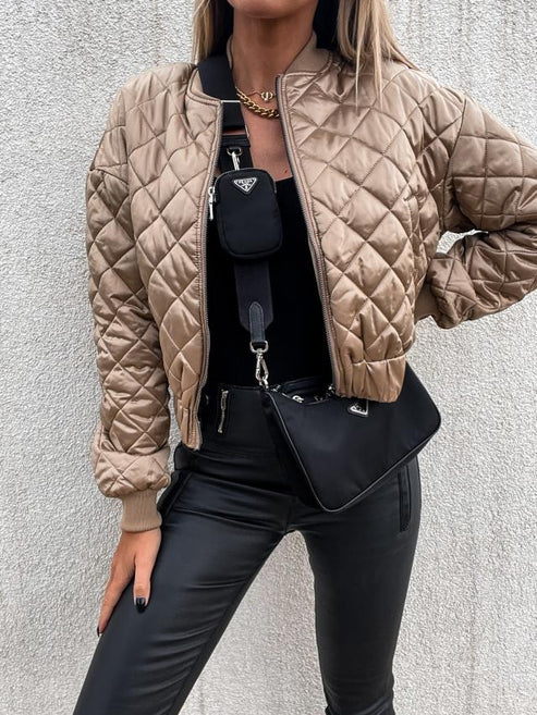 Women's Diamond Quilted Bomber Jacket with Ribbed Cuffs and Full Zip