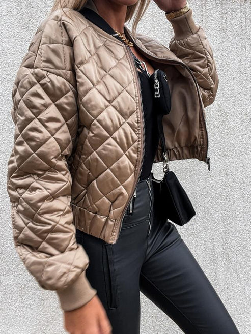 Women's Diamond Quilted Bomber Jacket with Ribbed Cuffs and Full Zip