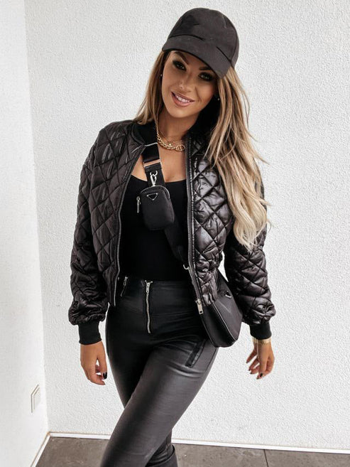 Women's Diamond Quilted Bomber Jacket with Ribbed Cuffs and Full Zip