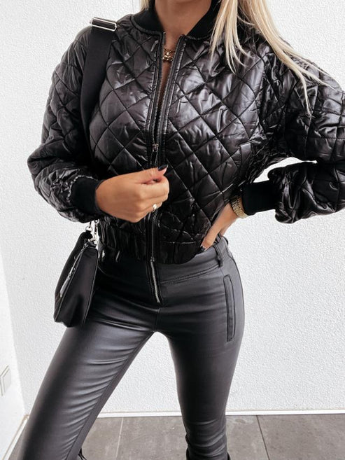 Women's Diamond Quilted Bomber Jacket with Ribbed Cuffs and Full Zip