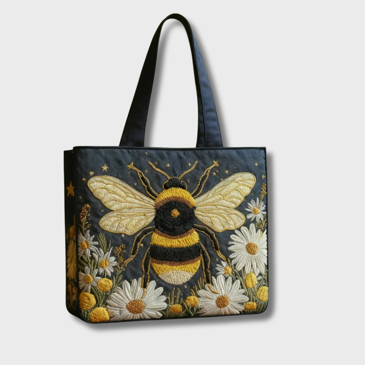 Embroidered Bee and Daisy Quilted Tote Bag with Handles