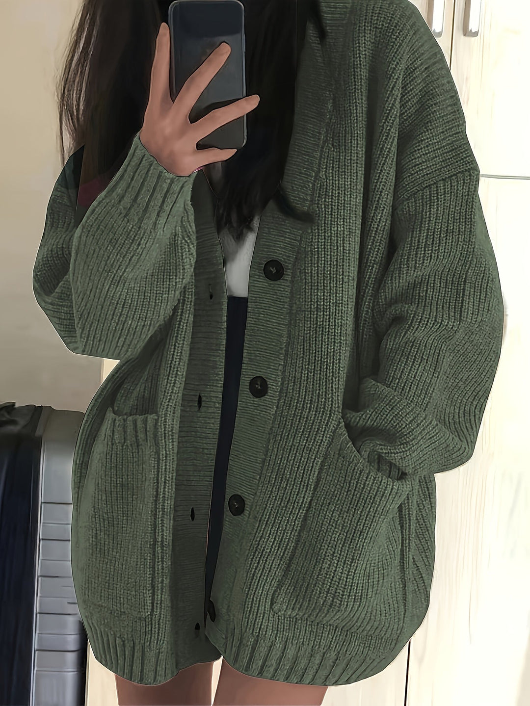 Maisie Relaxed Fit Button-Front Ribbed Knit Cardigan with Front Pockets