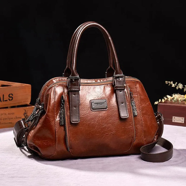Vintage Style Faux Leather Tote Handbag with Crossbody Strap in Brown