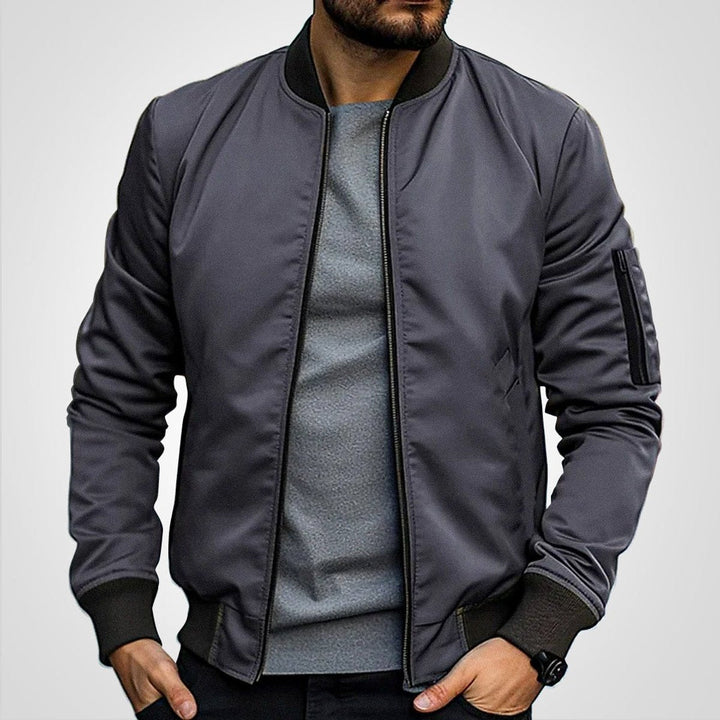 Men's Navy Blue Classic Bomber Jacket with Ribbed Trim and Zip Front