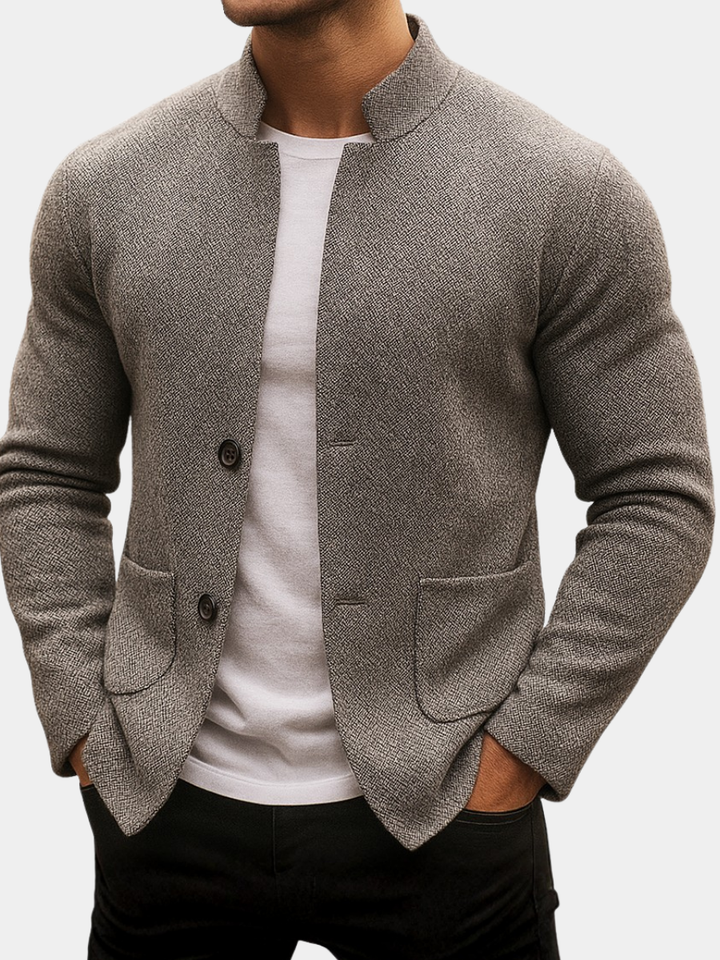 Men's Knitted Cardigan Jacket with Stand Collar and Button Front in Gray
