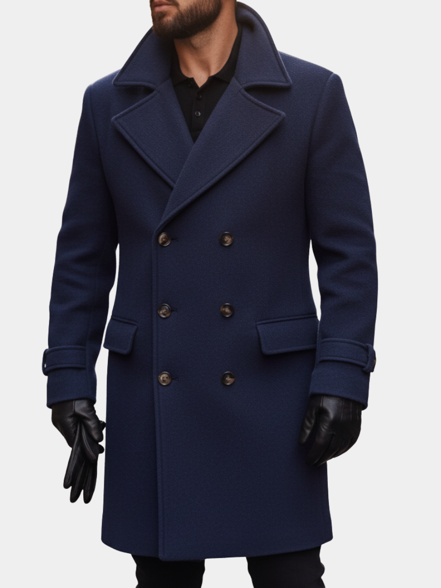 Men's Navy Blue Double-Breasted Wool Blend Overcoat with Notch Lapels