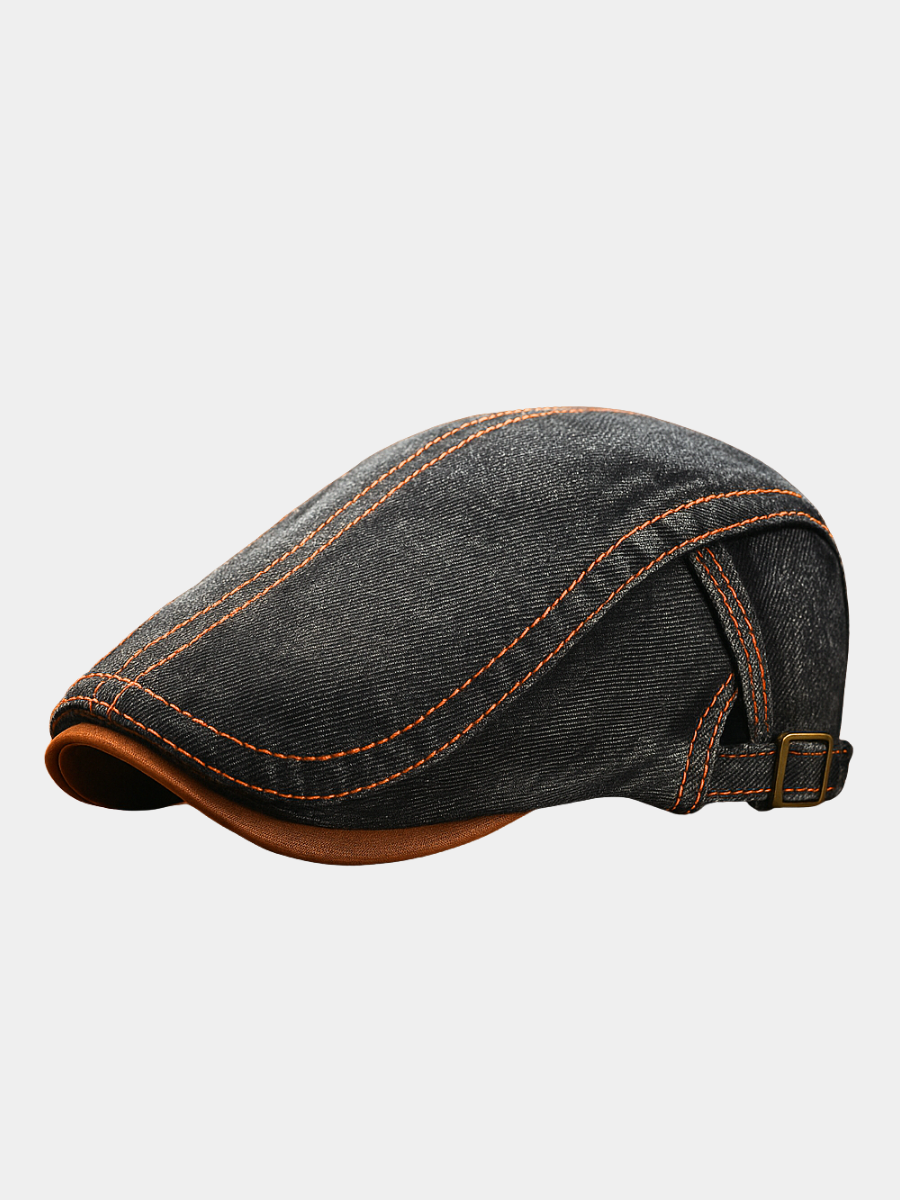 Men's Denim Flat Cap with Contrast Stitching and Adjustable Buckle