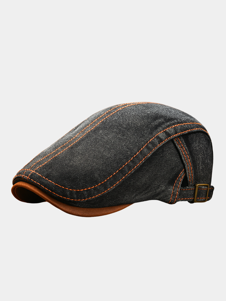 Men's Denim Flat Cap with Contrast Stitching and Adjustable Buckle