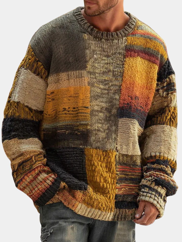Men's Patchwork Abstract Knit Pullover Sweater with Crew Neck