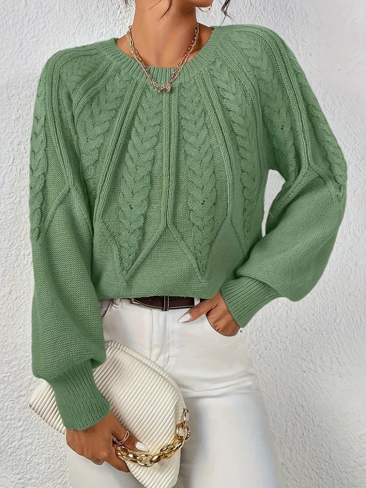 Women's Cable Knit Crew Neck Sweater with Puff Sleeves in Burgundy