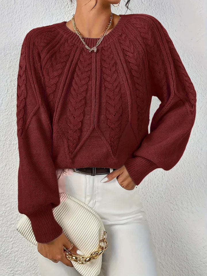 Women's Cable Knit Crew Neck Sweater with Puff Sleeves in Burgundy