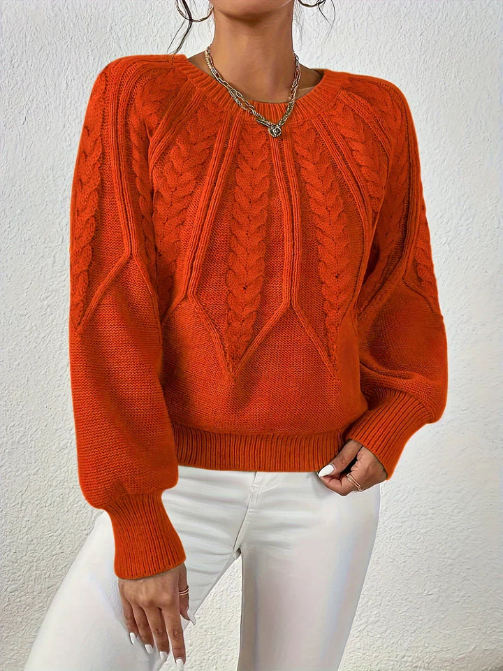Women's Cable Knit Crew Neck Sweater with Puff Sleeves in Burgundy