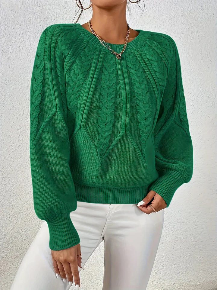 Women's Cable Knit Crew Neck Sweater with Puff Sleeves in Burgundy