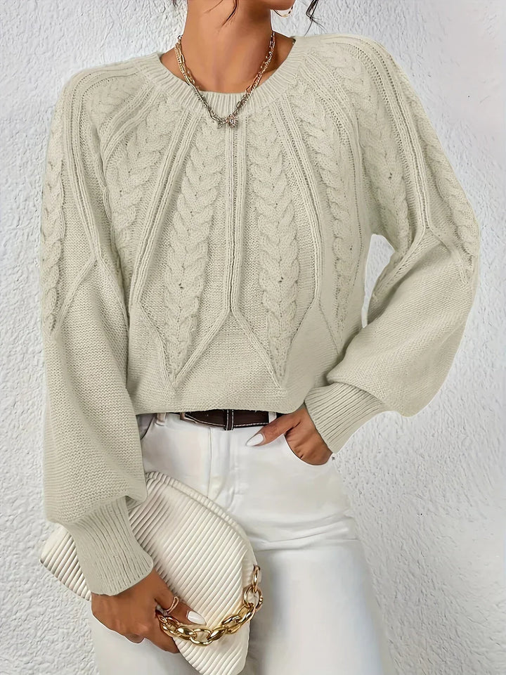 Women's Cable Knit Crew Neck Sweater with Puff Sleeves in Burgundy