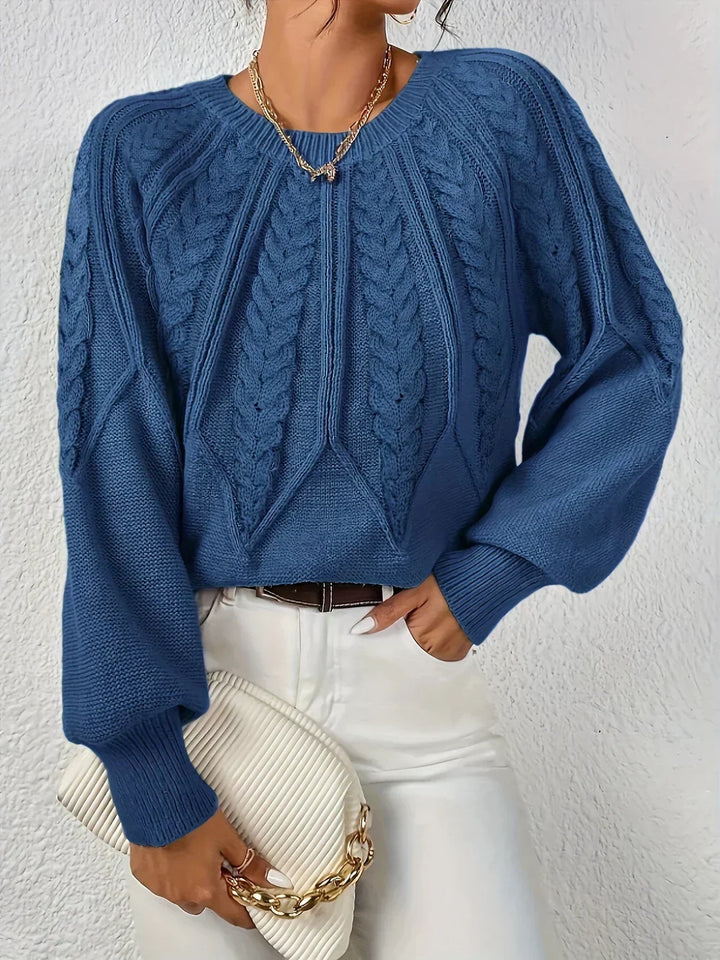 Women's Cable Knit Crew Neck Sweater with Puff Sleeves in Burgundy
