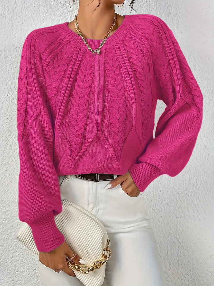 Women's Cable Knit Crew Neck Sweater with Puff Sleeves in Burgundy