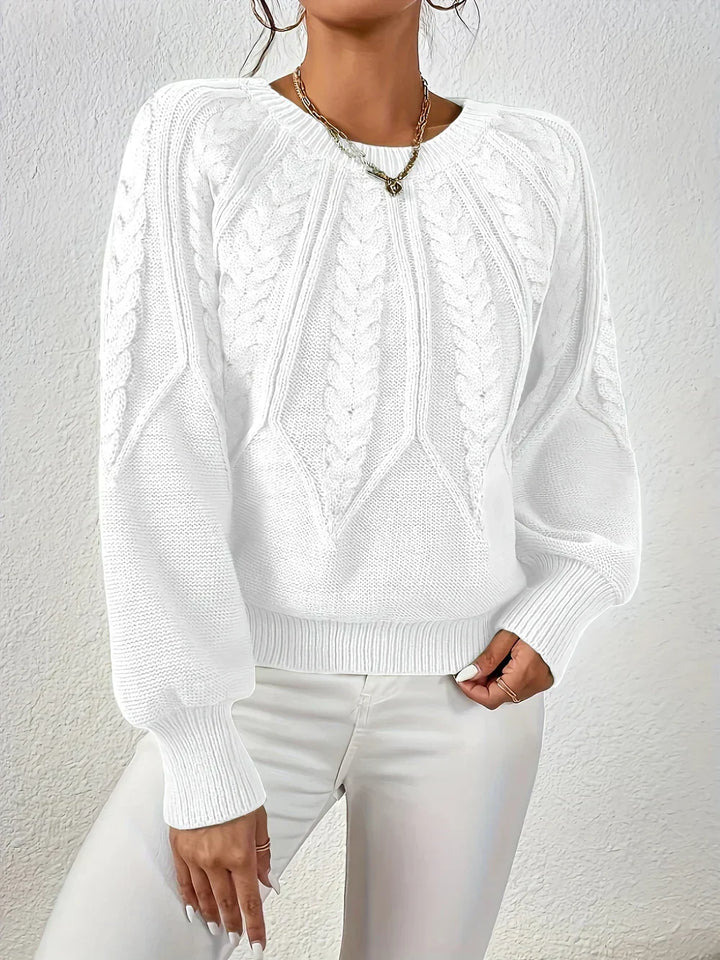 Women's Cable Knit Crew Neck Sweater with Puff Sleeves in Burgundy