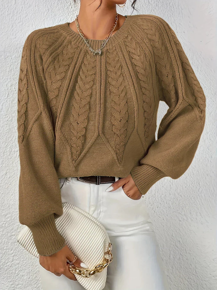 Women's Cable Knit Crew Neck Sweater with Puff Sleeves in Burgundy