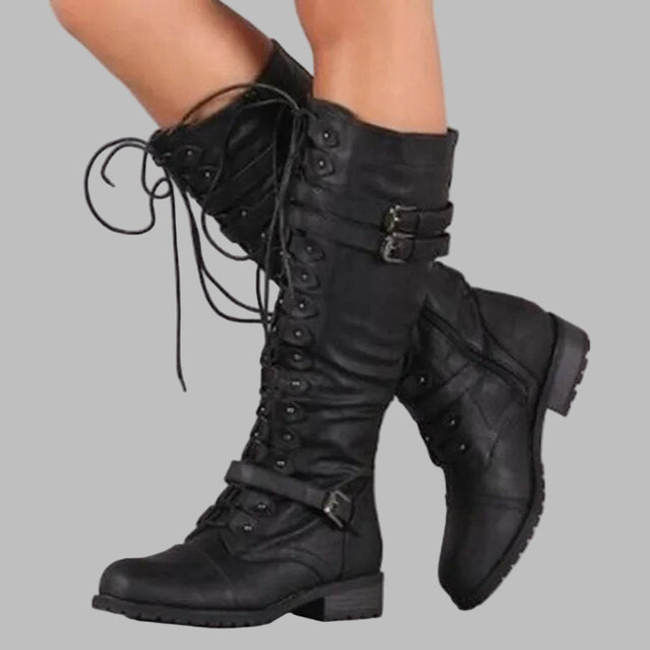 Vivienne | Knee-High Lace-Up Combat Boots with Buckle Straps for Women