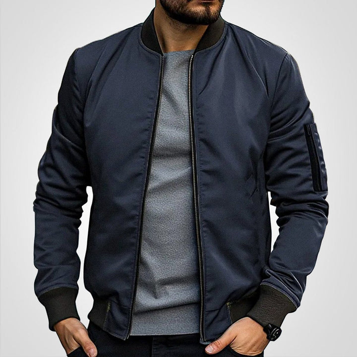 Men's Navy Blue Classic Bomber Jacket with Ribbed Trim and Zip Front
