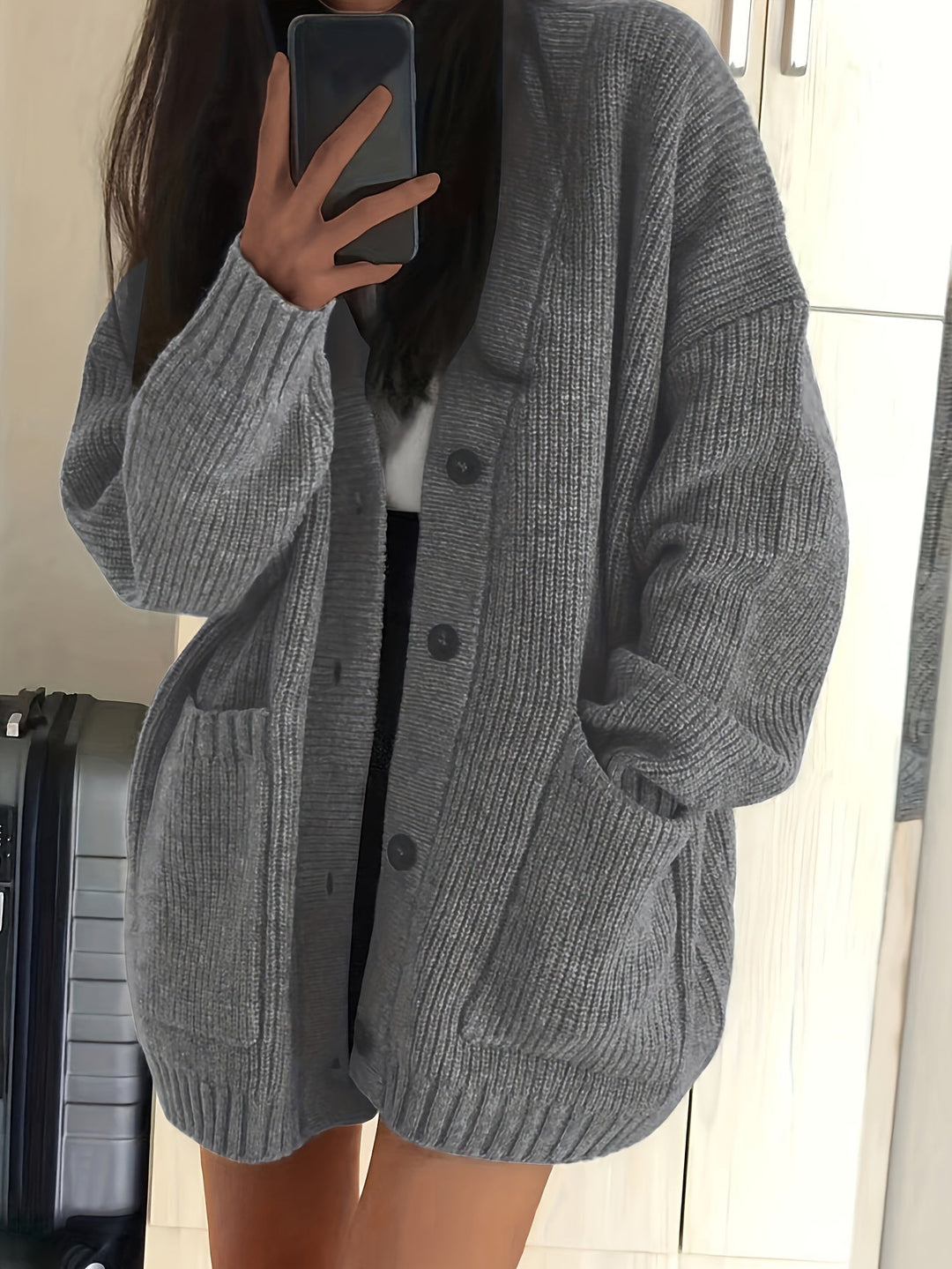 Maisie Relaxed Fit Button-Front Ribbed Knit Cardigan with Front Pockets
