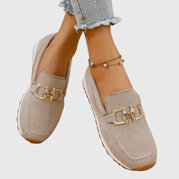 Women's Knit Slip-On Loafer Sneakers with Gold-Tone Buckle Detail