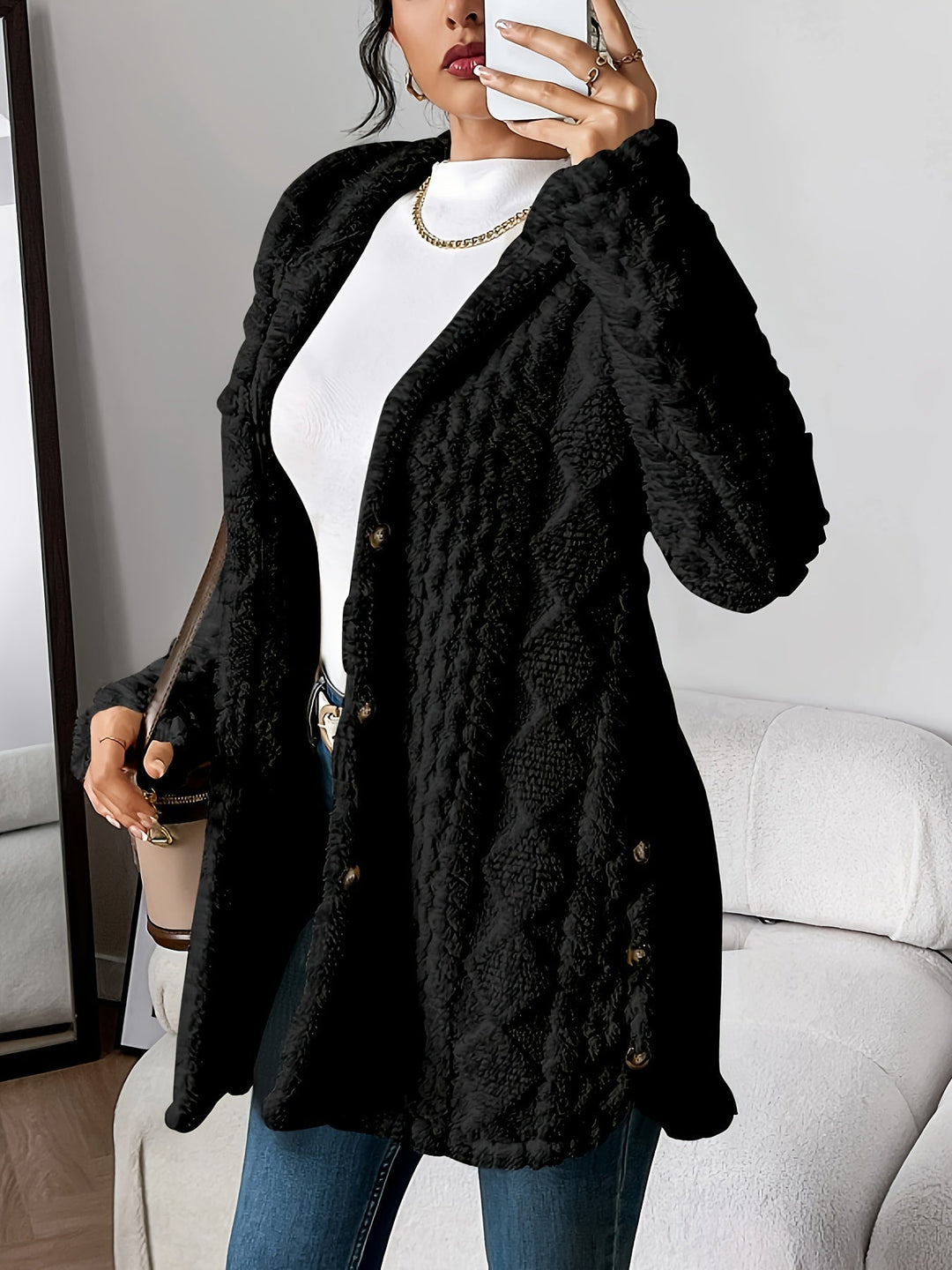 Plush Hooded Cardigan with Cable Texture and Button Front in Cream