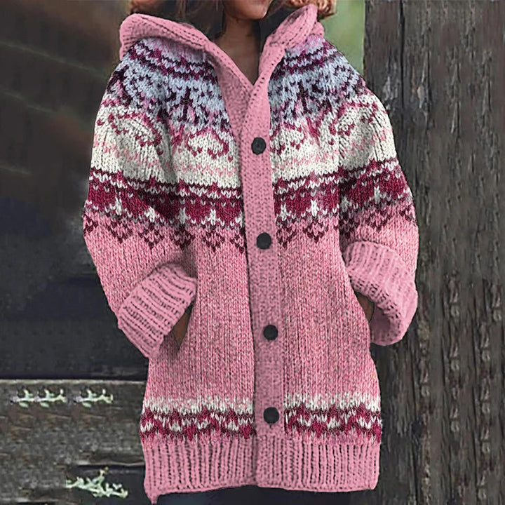 Women's Fair Isle Hooded Knit Cardigan with Button Front and Front Pockets