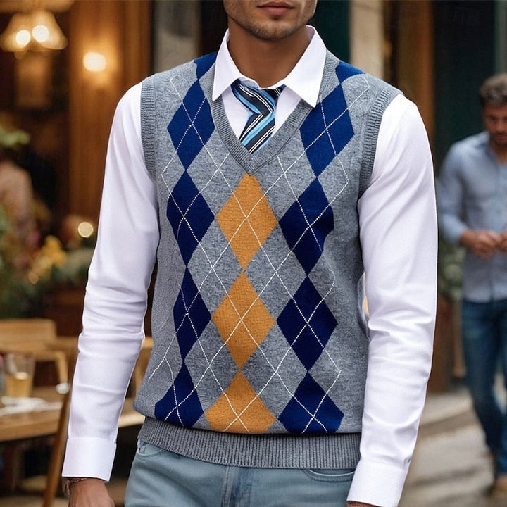 Men's Classic Argyle V-Neck Sweater Vest in Gray, Blue and Mustard