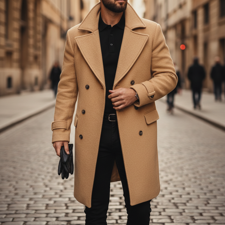 Men's Navy Blue Double-Breasted Wool Blend Overcoat with Notch Lapels