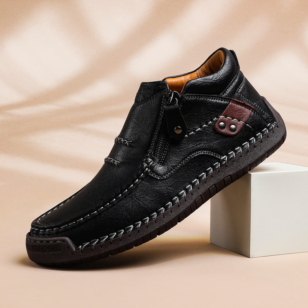 Langford Men's Leather Casual Shoe with Side Zip and Hand-Stitched Detail