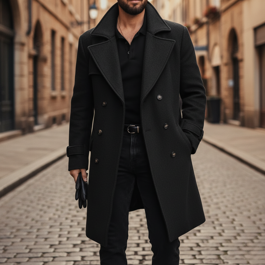Men's Navy Blue Double-Breasted Wool Blend Overcoat with Notch Lapels