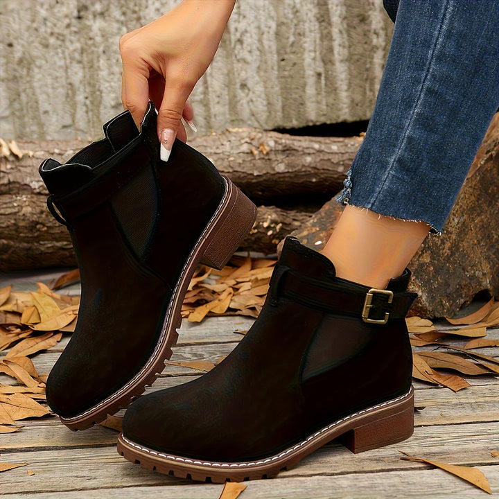Nora | Suede Chelsea Ankle Boots with Buckle Strap and Chunky Sole for Women